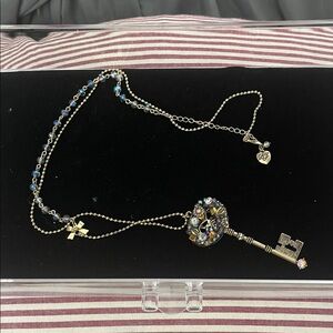 Betsey Johnson Elegant Key Pendant Necklace with Blue and Gold Accents